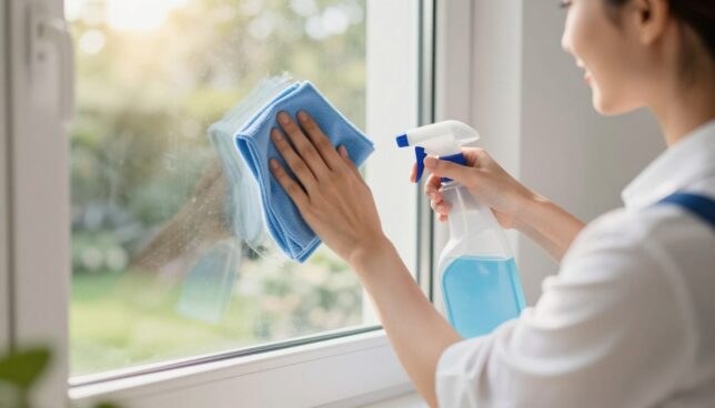 A bright and inviting room featuring a person carefully cleaning a white plastic window. In the foreground, the individual, dressed in professional casual attire, is using a microfiber cloth and a spray bottle, applying a cleaning solution to the window's surface. The middle ground showcases the glistening window pane reflecting natural sunlight, highlighting any minor scratches that need attention. In the background, a sunny garden scene is visible through the window, enhancing the atmosphere of cleanliness and care. Soft, diffused lighting creates an uplifting, serene environment, emphasizing the importance of window maintenance. The composition should convey a sense of professionalism and thoroughness in window care.