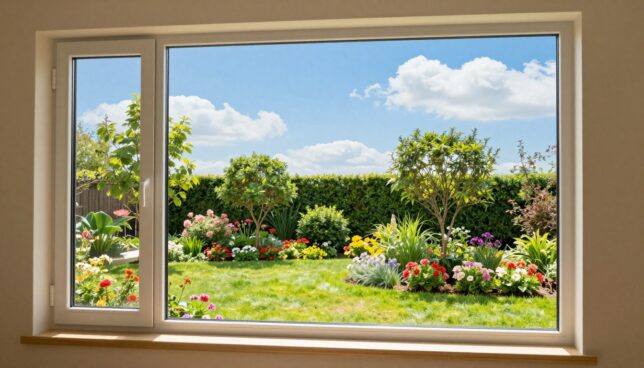 A bright and inviting scene showcasing the sustainability of PVC windows. In the foreground, a pair of modern, energy-efficient plastic windows with a sleek design are open, allowing sunlight to stream in, highlighting their double-glazing features. The middle ground features a lush garden filled with blooming flowers, green shrubs, and small trees, symbolizing a harmonious relationship between nature and modern technology. The background reveals a clear blue sky with a few fluffy clouds, emphasizing a clean and pollution-free environment. The overall lighting is warm and bright, creating an optimistic atmosphere. Use a wide-angle lens to capture the entire scene, enhancing the vibrant colors and showcasing the eco-friendly theme.