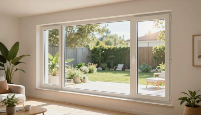 A bright, modern interior showcasing energy-efficient plastic windows. In the foreground, prominently display a large, sleek window with double-glazed panes that reflect sunlight, emphasizing its insulating properties. The middle ground features a cozy living space with green plants and light-colored furniture that harmonizes with the window design. In the background, a sunlit outdoor scene reveals a landscaped garden, enhancing the idea of an energy-efficient home. Use warm, natural lighting to create a welcoming atmosphere, with a soft focus on the window to highlight its features. The angle should be slightly low, capturing the height and spaciousness of the room, ideal for illustrating the benefits of energy-efficient plastic windows.