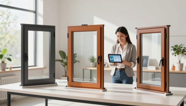 A bright, modern interior showcasing various types of PVC windows displayed artistically on a sleek, minimalist table. The foreground features three distinct models: a double-hung window, a sliding window, and a casement window, each highlighting unique frames and energy-efficient glass. In the middle ground, a cheerful customer in business casual attire is interacting with a digital tablet, exploring options for online ordering. The background is an airy room with soft natural sunlight streaming through large windows, illuminating the space and enhancing the vibrant colors of the window frames. The overall atmosphere is inviting and professional, encouraging a sense of convenience and quality in purchasing PVC windows online. The composition is captured with a wide-angle lens to emphasize depth and detail, creating an engaging visual experience.
