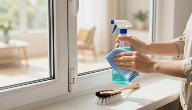 A clean and modern plastic window is featured prominently in the foreground, with the focus on the intricately designed window seals that need thorough cleaning. A person in modest casual clothing, equipped with a soft cloth and a specialized cleaning solution, is gently wiping the seals, demonstrating careful attention to detail. In the middle ground, a bottle of eco-friendly window cleaner and a small brush are neatly placed on a clean surface, emphasizing the cleaning process. The background showcases a bright, sunlit interior of a contemporary home, with soft light filtering through the window, creating a warm and inviting atmosphere. Capture the moment with a warm, natural light setting, offering a close-up view, slightly angled to emphasize the texture of the window and seals.