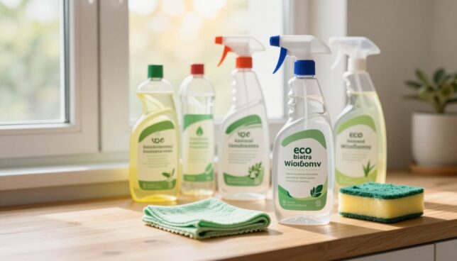 A clean and organized display of eco-friendly cleaning products specifically designed for plastic windows, arranged on a wooden countertop. In the foreground, focus on a bottle of natural, biodegradable window cleaner with a spray nozzle, accompanied by a microfiber cloth and a soft sponge. In the middle, include a few additional bottles labeled with ingredients such as vinegar and essential oils, emphasizing their environmentally friendly qualities. In the background, a bright and airy window, partially open, allows soft, warm sunlight to filter in, illuminating the scene and creating a fresh, inviting atmosphere. Use natural lighting to enhance the eco-friendly theme, and set the camera angle at eye level for an engaging perspective.