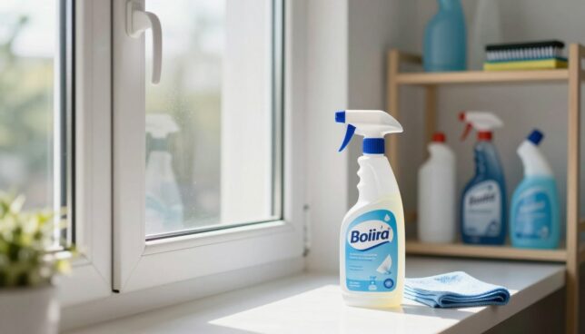 A clean and organized workspace featuring various cleaning products specifically designed for cleaning plastic windows. In the foreground, there are two bottles of cleaning solutions, such as a spray bottle and a microfiber cloth. The middle ground showcases a spotless white UPVC window, partially opened to allow sunlight to stream through, illuminating the scene. In the background, there’s a neat shelf lined with more cleaning supplies, like brushes and scrubbers. The lighting is bright and natural, creating a fresh and inviting atmosphere. The angle is slightly tilted to emphasize the products and their effectiveness in window maintenance. The overall mood conveys a sense of cleanliness, efficiency, and professional care.