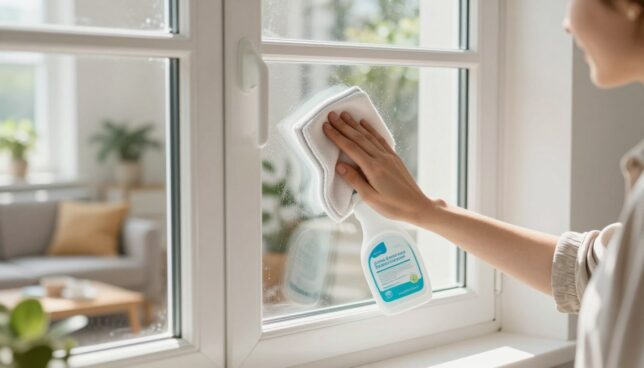 A clean and well-lit interior scene featuring a glossy white plastic window being meticulously cleaned. In the foreground, a professional-looking person in modest casual attire is using a soft cloth and eco-friendly cleaning solution to wipe down the window. The middle section showcases the window frame, revealing the sunlight streaming through and illuminating the sparkling glass, highlighting its cleanliness. The background depicts a cozy, well-decorated living space with plants and soft furnishings, creating a welcoming atmosphere. Soft, natural lighting enhances the scene’s warmth, and a shallow depth of field focuses on the window while subtly blurring the background elements, conveying a sense of freshness and care in window maintenance.