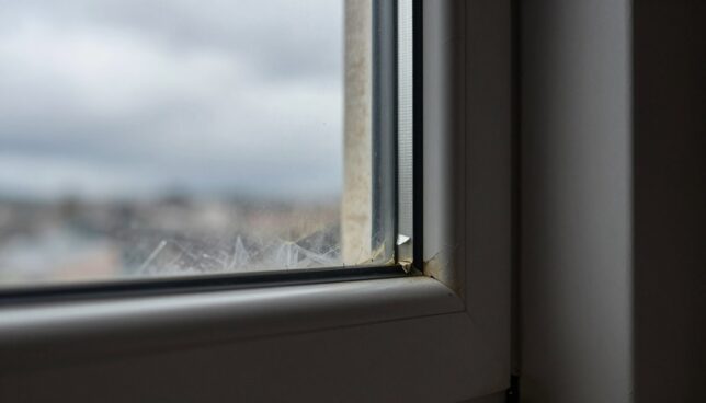 A close-up view of a damaged plastic window, showcasing common disadvantages such as discoloration, warping, and seal failures. In the foreground, highlight a cracked frame with peeling paint, illustrating the wear and tear. The middle ground features a side view of the window with broken seals, allowing light to penetrate through, emphasizing poor insulation. In the background, a cloudy sky casts a gloomy atmosphere, suggesting potential weather-related issues. The lighting should be natural and moody, with soft shadows creating depth. Capture this scene with a shallow depth of field, focusing on the details of the window while blurring the background. The overall mood should convey a sense of neglect and caution regarding plastic windows.