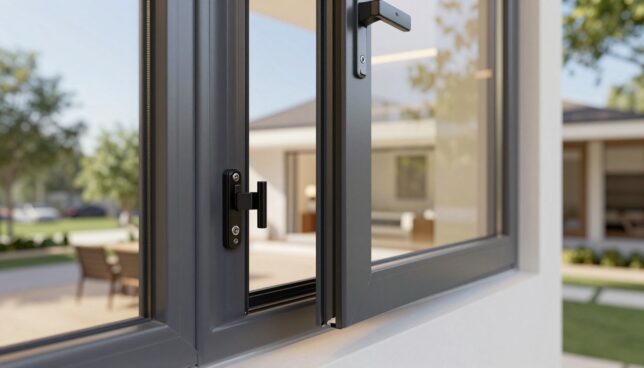 A close-up view of a high-quality, impact-resistant plastic window showcasing advanced security features such as multiple locking mechanisms and reinforced frames. The foreground should highlight the sleek, modern design of the window with subtle reflections of ambient light, emphasizing its robustness. In the middle, show the window partially open, allowing a glimpse into a well-lit, contemporary home interior, adding warmth to the composition. In the background, depict a serene suburban setting with trees and a clear sky, conveying a sense of safety and tranquility. The scene should be bright, capturing a feeling of security and energy efficiency, with soft, natural lighting that enhances the window's features. Use a slightly angled perspective to create depth, inviting viewers to explore both the design and its protective qualities.