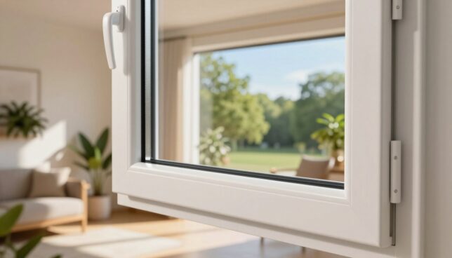 A close-up view of a modern, durable plastic window in a bright, well-lit interior space. The window features sleek, clean lines and a shiny white frame, showcasing its robust construction and energy-efficient double-glazing. In the foreground, the window's handle glimmers softly in the sunlight. In the middle ground, the room is tastefully decorated with potted plants and contemporary furniture, enhancing the atmosphere of comfort and modern living. In the background, a peaceful outdoor scene is visible through the window, with vibrant green trees and a clear blue sky. The lighting is warm and inviting, casting gentle shadows and creating a serene mood. The image should evoke a sense of longevity and ease of maintenance, emphasizing the practical benefits of high-quality plastic windows.