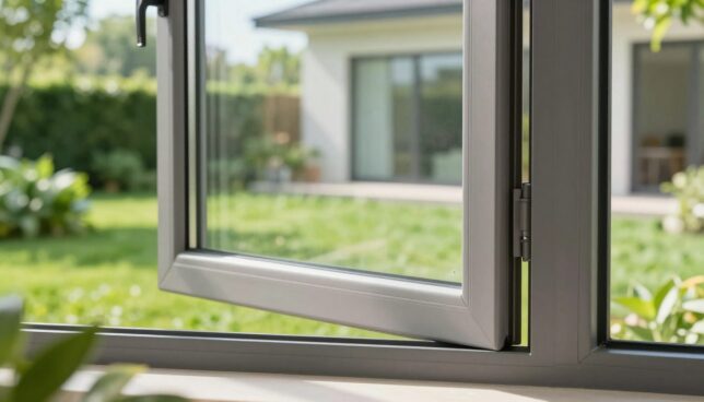 A close-up view of a modern, eco-friendly plastic window, designed to showcase its sustainable features. In the foreground, the window is partially open, revealing energy-efficient glass panes surrounded by a sleek, recycled plastic frame. Sunlight filters through the window, casting gentle reflections that emphasize its clarity and design. In the middle ground, a lush green garden is visible, showcasing the harmony between the window and nature, promoting a sustainable lifestyle. The background features soft, blurred outlines of a contemporary home, integrating seamlessly into an eco-conscious environment. The atmosphere is bright and hopeful, illustrating the positive environmental impacts of sustainable plastic windows. Natural lighting highlights the textures of the materials, enhancing the overall feeling of sustainability and innovation.