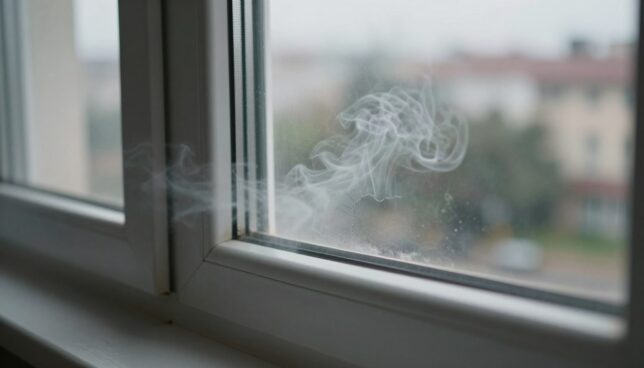 A close-up view of a modern plastic window with visible signs of wear, subtly highlighting potential emitted pollutants in the air around it. In the foreground, soft smoke-like wisps represent volatile organic compounds, artistically rendered to symbolize health risks. In the middle ground, the window frame shows cracks and discoloration, indicating aging and the potential release of harmful substances. The background features a muted, urban environment with faint outlines of buildings and trees, creating a contrast that emphasizes the theme of pollution. The lighting is diffused and slightly overcast to convey a somber mood. Capture this scene with a shallow depth of field to focus on the window’s details, evoking concern for indoor air quality and health.
