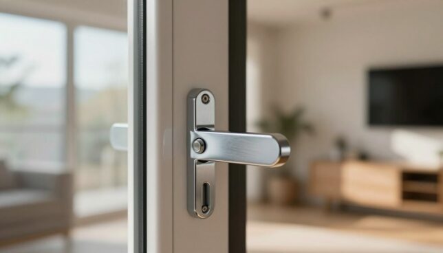 A close-up view of a modern window lock and security mechanism, displayed prominently in the foreground. The lock features a sophisticated design, showcasing a chrome finish and intricate details. In the middle ground, a well-installed PVC window frame is visible, highlighting its durability and quality. The background features a softly blurred interior setting that suggests a contemporary home environment, with natural light illuminating the scene through the window, creating warm shadows. The image should have a technical, professional atmosphere, reflecting safety and innovation. The lens should simulate a shallow depth of field, emphasizing the lock while subtly integrating the window frame and interior features, capturing an essence of security technology in home installation.