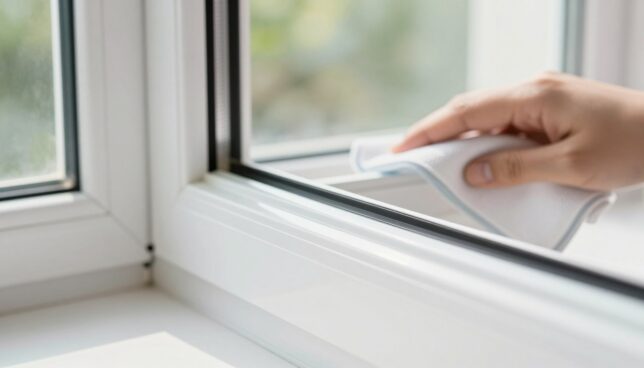 A close-up view of a pristine white PVC window frame with vibrant, well-maintained seals, showcasing their importance in insulation and weatherproofing. In the foreground, highlight the textured surface of the window frame and seals, capturing glints of sunlight reflecting off clean surfaces. In the middle ground, include a hand gently applying a maintenance product with a soft cloth, demonstrating proper care techniques. The background should feature a bright indoor environment with natural light filtering through greenery outside, creating a fresh and inviting atmosphere. Use soft focus on the background elements and a slight depth of field to emphasize the window's details, while maintaining a clean and professional aesthetic.
