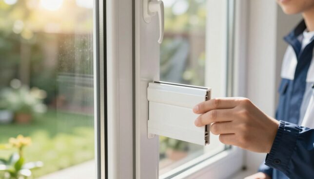 A close-up view of a pristine, white PVC window showcasing its durability and maintenance. The foreground features a well-maintained window frame, emphasizing its clean lines and glossy finish, with subtle reflections highlighting the quality material. The middle ground includes a hand gently touching the frame, inspecting it for any signs of wear, dressed in professional attire. In the background, a soft-focus garden is visible, suggesting a safe and pleasant environment that surrounds the window. The image captures warm, natural sunlight streaming through the glass, creating a welcoming atmosphere and illuminating the healthy state of the window. The overall mood is one of diligence and care, emphasizing the importance of early damage detection and upkeep for longevity.