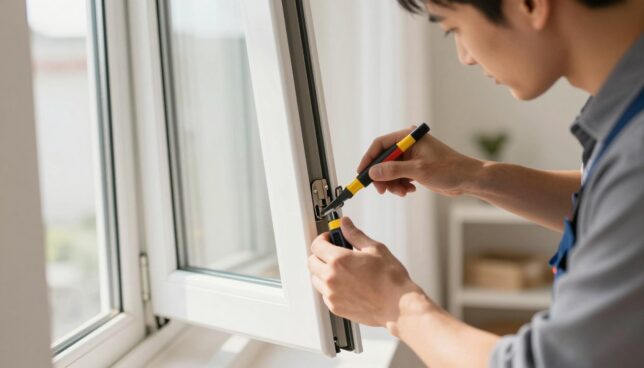 A close-up view of a professional technician carefully inspecting and maintaining a modern white plastic window in a bright, clean home environment. The foreground features the technician, dressed in smart casual attire, using specialized tools to check seals and hinges. In the middle ground, the elegant white window shines under natural light, highlighting its pristine condition and detailed craftsmanship. The background shows a well-lit room with soft, muted colors, enhancing a calm, focused atmosphere. The lighting is warm and inviting, creating a sense of professionalism and attentiveness. The angle is slightly tilted downwards for a dynamic perspective, emphasizing the importance of proper maintenance for long-lasting performance.