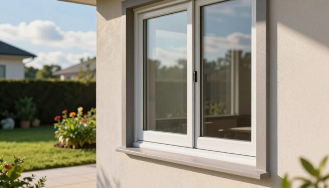 A close-up view of a stylishly designed, affordable PVC window set against a modern home exterior. The foreground features the window displaying its sleek frame and double-glazing, showcasing energy efficiency. In the middle ground, greenery includes well-maintained flower beds and a serene lawn, suggesting a harmonious living environment. The background features a blue sky with soft white clouds, creating a bright and inviting atmosphere. The lighting is warm and natural, illuminating the window and casting soft shadows. Capture this scene from a slightly angled perspective, emphasizing the window’s features and how it complements the architecture, evoking a sense of quality and value that influences pricing.