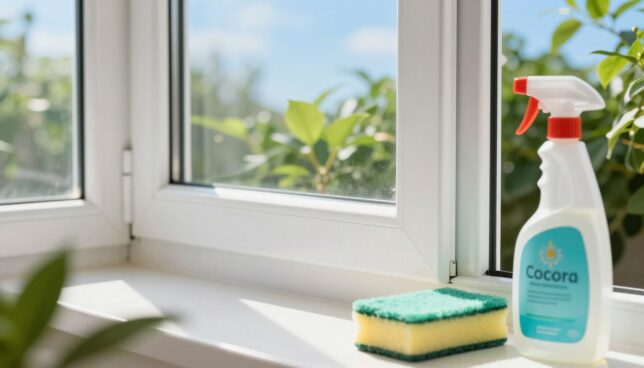 A close-up view of a well-maintained white PVC window in sunlight, showcasing its pristine condition with gleaming surfaces and clean edges. In the foreground, a soft sponge and a bottle of eco-friendly cleaning solution are positioned, emphasizing the idea of care and maintenance. The middle ground features the window frame surrounded by lush green plants, adding a vibrant natural contrast. In the background, a clear blue sky can be seen, enhancing the serene atmosphere. The lighting is bright and warm, giving a fresh and appealing vibe. The composition focuses on cleanliness and the importance of upkeep, inviting viewers to appreciate the beauty and integrity of high-quality plastic windows. The image should exude a professional yet inviting mood.