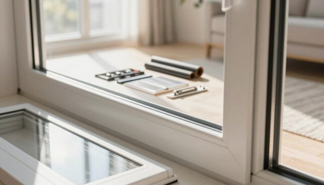 A close-up view of energy-efficient plastic windows, showcasing advanced features like double glazing and insulating frames. In the foreground, emphasize the sleek, modern design of the windows with reflections of sunlight playing on the glass, highlighting its transparent quality. In the middle ground, include an assortment of accessories and extras, such as weather stripping, window locks, and energy-efficient shades arranged artistically beside the windows. The background should feature a bright, airy room with light pouring in, enhancing the feeling of warmth and comfort. Use soft, natural lighting to create a tranquil atmosphere, shot from a slightly elevated angle to capture the details and enhance dimension. The mood should be inviting, emphasizing sustainability and practicality without any distractions.