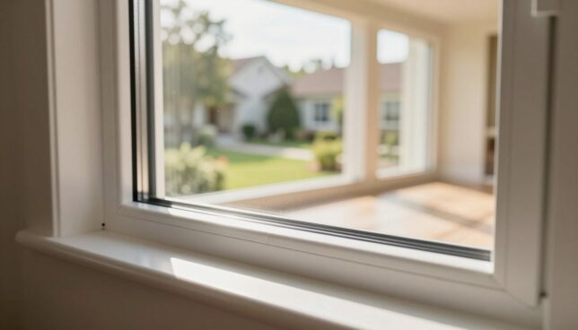 A close-up view of high-quality plastic windows showcasing modern design and energy efficiency features. The foreground highlights the sleek window frame, illustrating its precise weather stripping and double glazing technology. In the middle ground, show a serene, sunlit room with the window installed, emphasizing natural light streaming in, representing warmth and comfort. The background features an exterior view of a peaceful neighborhood, with well-kept gardens and trees, hinting at the potential energy savings these windows offer. Use soft, warm lighting to convey a welcoming atmosphere, captured with a slightly blurred background for depth. The angle should be a low shot from inside the room, focusing on the window, creating a sense of openness and efficiency in home design.