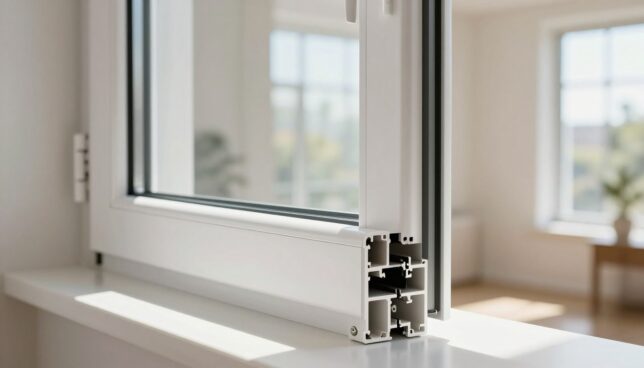 A close-up view of modern Kunststofffenster, showcasing their sleek design and high-quality materials. In the foreground, a well-finished white window frame with double-glazed glass reflecting sunlight, emphasizing its energy efficiency. The middle layer features a sample of the window's protective features, like weather-resistant seals and multi-point locking systems, rendered with great detail. The background includes a bright, airy room with natural light streaming in through additional windows, creating a warm and inviting atmosphere. Soft shadows play across the surfaces, enhancing the aesthetics. The angle captures the windows from slightly below, highlighting their height and modern appeal, set against a neutral backdrop to emphasize the windows’ features without distractions. The overall mood is one of elegance, professionalism, and contemporary living.
