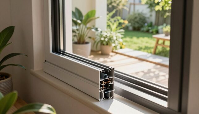 A close-up view of sustainable plastic windows in a modern, eco-friendly home setting, showcasing their durability and energy efficiency. In the foreground, highlight the window frame made from recycled materials, with a gleaming finish and intricate design details. In the middle ground, capture the sunlight streaming through the window, illuminating the room filled with plants and natural light, emphasizing a serene and inviting atmosphere. In the background, depict a lush green garden visible through the window, reinforcing the concept of sustainability. Use soft, natural lighting with a warm ambiance, shot from a slightly elevated angle to create depth. The overall mood should be peaceful and harmonious, aligning with the theme of environmental responsibility.