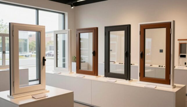 A collection of affordable plastic windows displayed in a modern exhibition setting, showcasing various design styles and colors. In the foreground, there are three distinct window models, well-lit to highlight their materials and details, with a focus on varying frame styles. The middle ground features a sleek, well-organized display that includes labels or information cards without text, allowing viewers to appreciate the aesthetics of each window. The background consists of a clean, minimalist space that emphasizes the windows, with natural light streaming in through another large window to create a warm and inviting atmosphere. Capture the image from an eye-level perspective, using a wide-angle lens to provide a comprehensive view. The overall mood should be professional yet approachable, suitable for a comparison of manufacturers and brands.