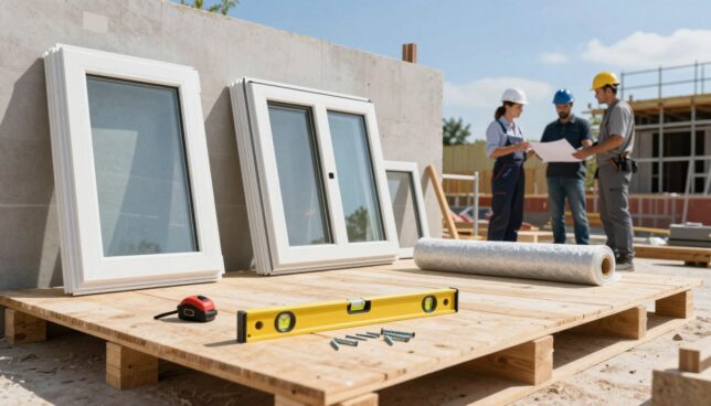 A construction site prepared for window installation, showcasing a clean and organized space. In the foreground, a wooden platform is set up with neatly arranged tools, including a level, a measuring tape, and screws. In the middle, stacks of high-quality plastic windows are propped against the wall, while a roll of insulation material lies nearby. Professional workers in business attire are discussing plans, looking focused and engaged, ensuring a precise installation process. The background features a partially constructed wall with scaffolding, under a clear blue sky with bright sunlight illuminating the scene. The atmosphere is purposeful and industrious, emphasizing the importance of site preparation for a successful window installation. The image should have sharp focus on the foreground elements, with a slightly blurred background to create depth.