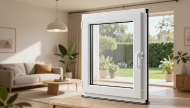 A contemporary energy-efficient plastic window (Kunststofffenster) prominently displayed in the foreground, showcasing its sleek design and triple-glazed glass, emphasizing insulation properties. The middle ground features a modern room filled with natural light, highlighting the window’s thermal performance against an aesthetically pleasing backdrop of a well-furnished living space, complete with plants and energy-efficient lighting. In the background, a serene exterior view shows a green garden, hinting at eco-friendly surroundings. Use soft, warm lighting to create an inviting atmosphere, captured from a slightly angled perspective to accentuate the window's features and its role in enhancing energy efficiency. The scene should evoke a sense of comfort and sustainability, illustrating the importance of insulation in energy-saving measures. No text or branding elements present.