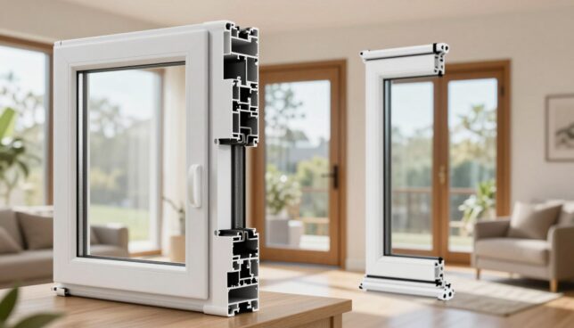 A detailed comparison between the advantages and disadvantages of plastic windows in a modern home setting. In the foreground, showcase a sleek plastic window with a contemporary design, highlighting its energy-efficient features and durability. In the middle ground, depict elements contrasting other materials, like wood and aluminum windows, showcasing their traditional styles and maintenance needs. In the background, create a bright, inviting living room environment illuminated by natural light filtering through the plastic window, emphasizing its clarity and insulation properties. Capture a serene, yet informative atmosphere, with a soft focus that draws attention to the windows, shot from a slightly elevated angle to provide depth. The color palette should be warm and inviting, underscoring the benefits of plastic windows in a modern context.