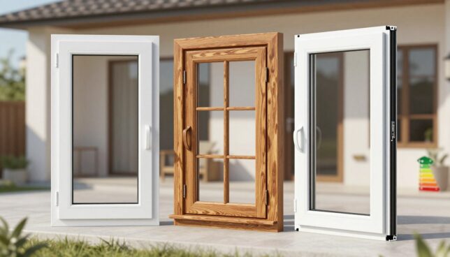 A detailed comparison image showcasing three types of windows: a sleek modern plastic window, a classic wooden window with detailed grain textures, and a sturdy aluminum window. In the foreground, position these windows side by side, emphasizing their unique characteristics—highlight the smooth finish of the plastic, the warm tones and natural textures of the wood, and the industrial look of the aluminum. In the middle ground, add subtle indicators of their insulation properties, like energy efficiency labels. The background should feature a softly lit contemporary home exterior, creating a serene atmosphere that suggests comfort and sustainability. Use natural daylight to illuminate the scene, captured from a slightly angled perspective, enhancing depth and realism.