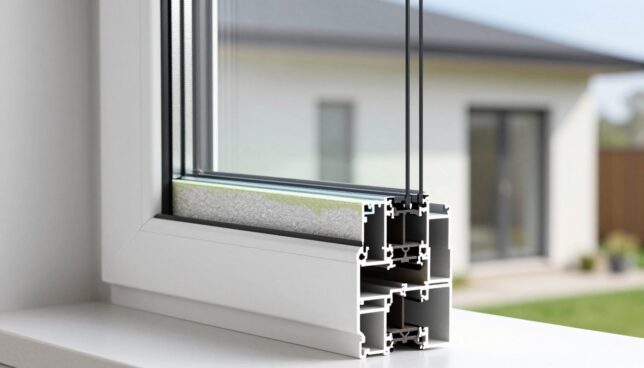 A detailed illustration of a sectioned view of a Kunststofffenster (PVC window) profile, showcasing its various components, including the frame, double glazing, insulation layers, and drainage channels. In the foreground, focus on the distinct layers of the window profile with texture details highlighting the material finish. The middle ground presents a subtle gradient showing the cross-section, emphasizing energy-efficient insulation materials. In the background, a softly blurred modern home exterior can be seen, suggesting the application of these windows. Use natural, diffused lighting to enhance the clarity of the materials and structural integrity. The mood should feel informative and professional, with a focus on innovation in building design. The perspective should be angled slightly to reveal depth and complexity in the window construction.