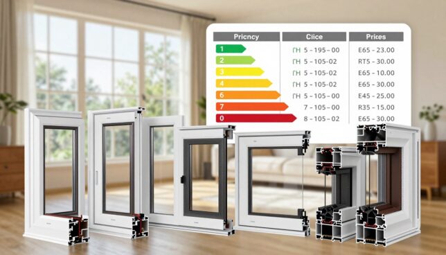 A detailed illustration showcasing the pricing and cost factors of plastic windows. In the foreground, a collection of various types and styles of plastic windows, reflecting modern designs in high-quality finishes, each tagged with subtle pricing labels that indicate cost ranges. In the middle, a comparison chart displaying factors influencing costs, such as energy efficiency ratings, customization options, and installation prices depicted in an organized, visually appealing format. The background features a well-lit, cozy home interior emphasizing natural light through the windows, with realistic textures and colors. The lighting is bright and inviting, capturing a warm atmosphere, viewed from a slightly elevated angle, simulating a professional presentation style. No text or logos are included.
