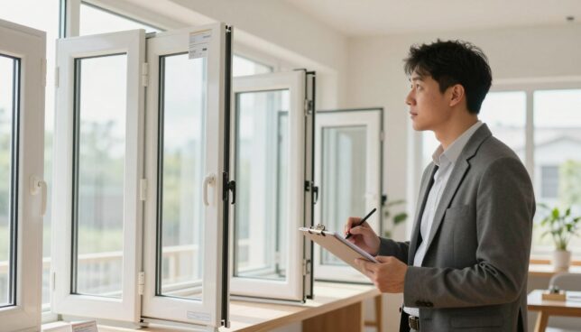 A detailed image of a modern plastic window (kunststofffenster) being analyzed for pricing, set in a well-lit home interior. In the foreground, a professional in business attire is inspecting the window frame, making notes on a clipboard. The middle ground features several different types of plastic windows, showcasing varied styles and designs, with price tags attached to each. The background consists of a bright, open room with light streaming in, highlighting the windows' features. Soft, natural lighting enhances the scene, creating a warm and inviting atmosphere. The angle is a slight upward tilt from the ground level, emphasizing the windows while keeping the professional in focus. The overall mood is informative and engaging, suitable for an article on additional costs associated with plastic windows.