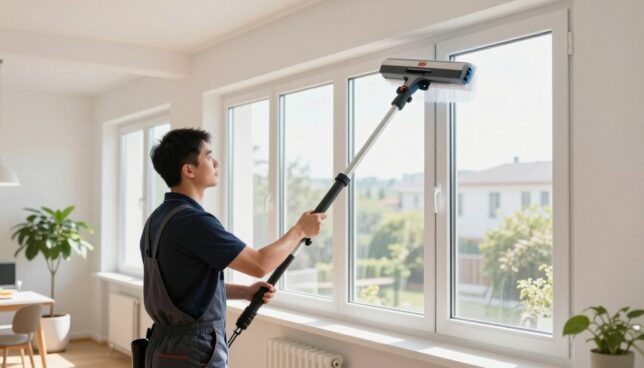 A detailed instructional scene depicting a modern, sleek interior with a focus on cleaning plastic windows (Kunststofffenster). In the foreground, a professional operator dressed in smart casual attire is using a high-tech window cleaning machine equipped with extension poles and a spray nozzle. The middle features spotless, sunlit plastic windows reflecting the bright, cheerful environment. In the background, there are potted plants and minimalistic furniture, enhancing the cleanliness and care theme. Natural light floods the room, creating a warm, inviting atmosphere. The angle captures a dynamic view of the cleaning action, showcasing the effectiveness of the machinery while maintaining a clean, organized space with no clutter or distractions.