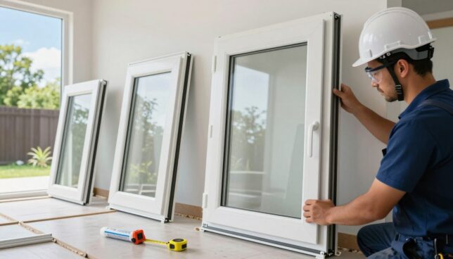 A detailed montage of plastic windows being installed in a bright, modern home setting. In the foreground, a professional worker in a hard hat and safety glasses is carefully fitting a white vinyl window frame into a space. Tools like a measuring tape and sealant are visible on the floor. The middle ground showcases several windows of various sizes leaning against the wall, highlighting their sleek designs. The background reveals an outdoor scene with green trees and blue sky, suggesting an eco-friendly atmosphere. Soft, natural lighting illuminates the scene, enhancing the freshness and clarity of the plastic. Capture this moment from a slightly elevated angle to provide a clear view of the installation process, evoking a sense of efficiency and professionalism in home improvement.