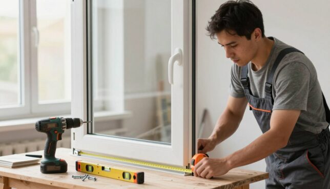 A detailed scene of a professional working environment focused on the installation of a plastic window, or "Kunststofffenster". In the foreground, a skilled worker in modest casual attire is carefully measuring the window frame with a tape measure, showing a focused expression. Tools like a drill, level, and screws are neatly arranged on a workbench beside them. In the middle ground, a partially installed window frame is visible, with clear plastic windows highlighted against the backdrop of a well-lit room, emphasizing the planning stage of installation. In the background, soft daylight streams in through an open window, casting a warm glow, creating a calm and organized atmosphere, showcasing a professional and methodical approach to the task.