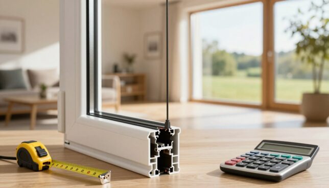 A detailed view of a cost-effective, modern Kunststofffenster (plastic window) prominently in the foreground, showcasing its sleek design and energy-efficient features. Surrounding the window, a measuring tape and calculator, symbolizing cost and financial analysis, are artistically placed. In the middle ground, a cozy home interior is visible, illuminated by soft, warm, natural light streaming through the window, emphasizing energy savings. In the background, a sunny, green landscape can be seen, suggesting the benefits of insulation and environmental sustainability. The overall mood is professional and informative, hinting at economic practicality and the advantages of energy-efficient home improvement. The scene is captured with a realistic lens perspective, ensuring clarity and depth in all elements.