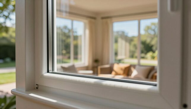 A detailed view of a modern plastic window demonstrating insulation and energy efficiency. In the foreground, the window frame showcases layered insulating materials like foam and thermal glass panes, reflecting sunlight to highlight energy-saving features. In the middle ground, an interior room setting featuring warm, natural light filtering through the window, casting gentle shadows, creating a cozy ambiance. The background depicts a lush outdoor scene with trees and blue sky, symbolizing the connection to nature and efficiency. Use a soft focus with a wide-angle lens to convey depth and tranquility, ensuring it all feels harmonious and inviting, emphasizing the function and aesthetic of energy-efficient windows in a residential space.