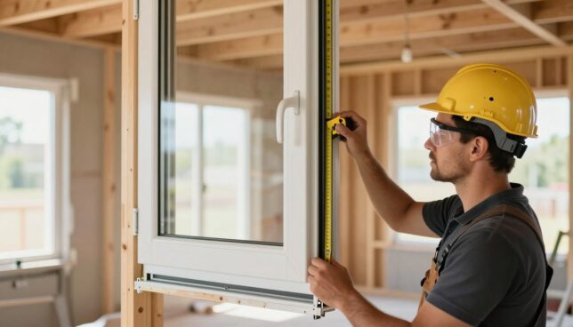 A detailed view of a professional installing a modern plastic window in a newly constructed wall frame. In the foreground, the installer is carefully measuring the window opening with a tape measure, wearing a hard hat and safety goggles. The middle ground showcases the window frame being lifted into place, emphasizing precision and craftsmanship. The background features a partially finished room with exposed wood beams and natural light streaming in from other open windows. Soft, warm lighting enhances the atmosphere of a productive workday. The focus is sharp on the installer and the window, highlighting tools like a level and clamps, conveying a sense of expertise and focus on proper measurements for installation.