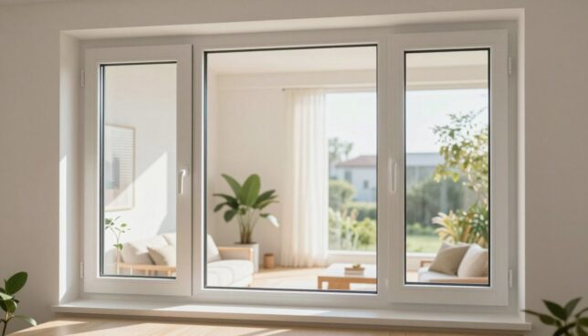 A modern PVC window prominently displayed in the foreground, showcasing its sleek white frame and double-glazed glass, reflecting light. The window should be opened slightly to suggest a breathable environment, allowing glimpses of energy-efficient blinds inside. In the middle ground, a bright room filled with natural light is suggested through the window, featuring minimalist decor and potted plants that give life to the scene. The soft, warm daylight creates a welcoming atmosphere, enhancing the appeal of the window design. In the background, hints of an exterior garden or urban landscape are subtly blurred, focusing attention on the window itself. Shot with a wide-angle lens at eye-level, this image conveys a feeling of comfort and modern efficiency.