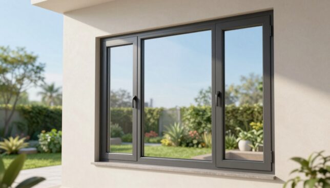 A modern PVC window with triple insulating glazing, prominently displayed in the foreground, showcases its sleek design and energy-efficient properties. The window is framed by a contemporary building wall, with soft, diffused natural light illuminating its glossy surface. In the middle ground, a garden with vibrant greenery adds a touch of nature, enhancing the sense of energy efficiency. The background features a clear blue sky, giving a sense of openness and sustainability. The scene conveys a bright and inviting atmosphere, emphasizing the advanced technology of modern plastic windows. The composition is captured from a slightly low angle to highlight the window's features, ensuring a focus on its insulation capabilities without any distractions.