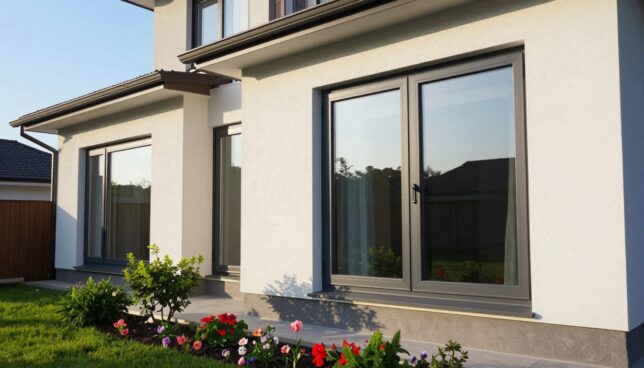 A modern and elegant home exterior featuring high-quality Kunststofffenster (plastic windows) in a variety of styles. In the foreground, showcase a distinctly designed double-glazed window, highlighting its sleek lines and sturdy frame, with soft reflections catching the afternoon light. The middle ground should include a well-maintained garden with vibrant flowers and green shrubs, complementing the home’s aesthetic. The background presents a clear blue sky, adding a fresh atmosphere. Use warm, natural lighting to enhance the welcoming feel of the scene, shot from a low angle to emphasize the windows' features. Create a serene yet professional atmosphere to reflect durability and quality craftsmanship in window manufacturing.