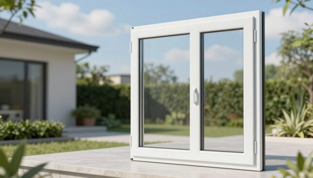 A modern, energy-efficient plastic window, prominently displayed in the foreground, showcases a sleek design with a white frame and double glazing, reflecting sunlight. In the middle ground, an architectural setting featuring well-kept greenery outside emphasizes the benefits of adopting eco-friendly materials. The background features a blue sky with soft clouds, hinting at a bright, sunny day that underscores the window's energy-saving qualities. The scene is well-lit, utilizing natural light to enhance the clarity of the window's features. The perspective is slightly angled to show both the exterior view through the window and its clean lines, creating an inviting atmosphere. The overall mood is professional and serene, suitable for a comparison of plastic window prices.