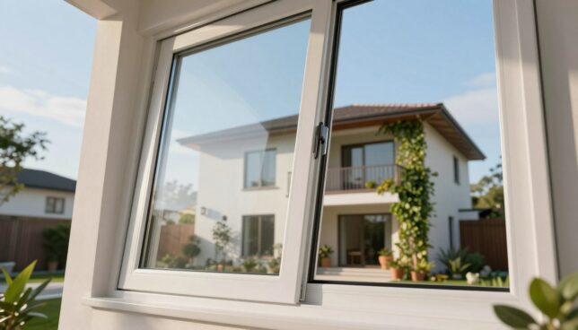 A modern, energy-efficient plastic window showcased in close-up detail, emphasizing its sleek design and advanced insulation features. The foreground captures the window frame with a clean, white finish, highlighting the double-glazed panels that reflect soft sunlight. In the middle ground, an eco-friendly home is visible, surrounded by greenery, showcasing how these windows integrate seamlessly into contemporary architecture. The background features a clear blue sky, enhancing the feeling of energy efficiency and sustainability. The scene is well-lit, utilizing natural sunlight to create a warm and inviting atmosphere. The angle is slightly tilted upward, emphasizing the height of the window, with a subtle depth of field to draw attention to the window's details without distractions.