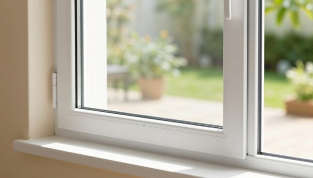 A modern, energy-efficient plastic window, showcasing a sleek, minimalist design. In the foreground, the window is half-open, revealing clear, insulated glass panes that reflect natural light. The white frame is accented with a subtle texture, blending contemporary style with functionality. The middle ground features a well-lit room with a clean aesthetic, perhaps with greenery or a warm-toned wall, emphasizing a cozy yet modern atmosphere. In the background, a serene outdoor view of a sunny garden is visible, enhancing the sense of connection to nature. Soft, natural lighting floods the scene, creating an inviting and energy-efficient ambiance. The overall mood is bright and optimistic, promoting the advantages of modern plastic windows.