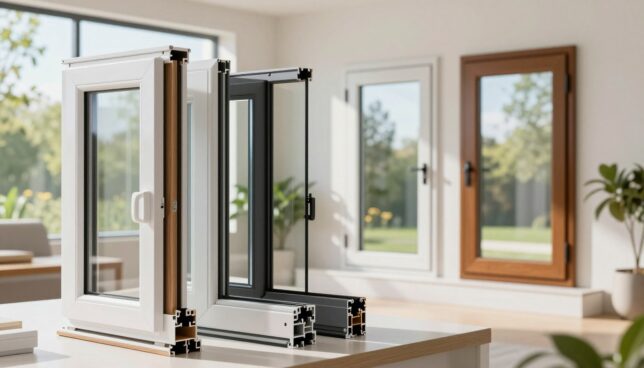 A modern, energy-efficient plastic window showcasing a variety of design options and colors. In the foreground, display the window frame with sleek lines and a glossy finish, highlighting shades of white, grey, and wood-like textures. Include various styles such as casement, sliding, and double-hung windows. In the middle ground, position two window displays side-by-side, each showcasing a different color option, with vibrant hues and natural light streaming through. The background features a bright and airy room with minimalistic decor, green plants, and a sunny outdoor view, creating an inviting atmosphere. Use soft, natural lighting to enhance the colors and textures, captured from a slightly angled perspective to emphasize depth. The overall mood is fresh, modern, and welcoming, perfect for illustrating innovative design choices.