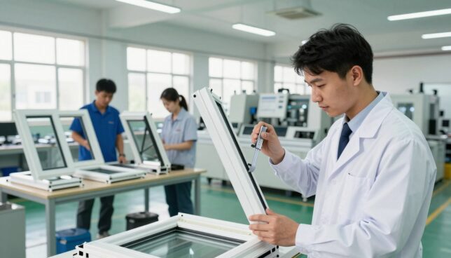 A modern factory interior showcasing a plastic window manufacturer engaged in quality inspection. In the foreground, a technician in professional business attire closely examines a newly crafted plastic window frame, using a caliper to measure precision. In the middle ground, additional workers are seen overseeing a quality control station with several window prototypes displayed on a workbench, highlighting various features. The background features large windows allowing natural light to flood the space, illuminating the organized and high-tech environment filled with machinery. The atmosphere conveys diligence and professionalism, underscored by bright LED lighting. The composition captures a sense of meticulous craftsmanship and commitment to durability without any labels or distractions.
