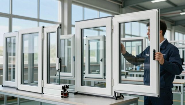 A modern factory interior showcasing a state-of-the-art production line for high-quality Kunststofffenster (plastic windows). In the foreground, a representative in professional attire inspects a freshly manufactured window, highlighting its details such as double glazing, robust framing, and high energy efficiency. In the middle ground, several completed windows are neatly lined up, emphasizing various styles and sizes available for customers. The background features large windows allowing natural light to flood the space, showcasing a clear blue sky outside. The mood is professional and inviting, enveloped in a sense of innovation and quality craftsmanship. The image is well-lit, with soft natural lighting to enhance the colors and textures of the materials used in the windows.