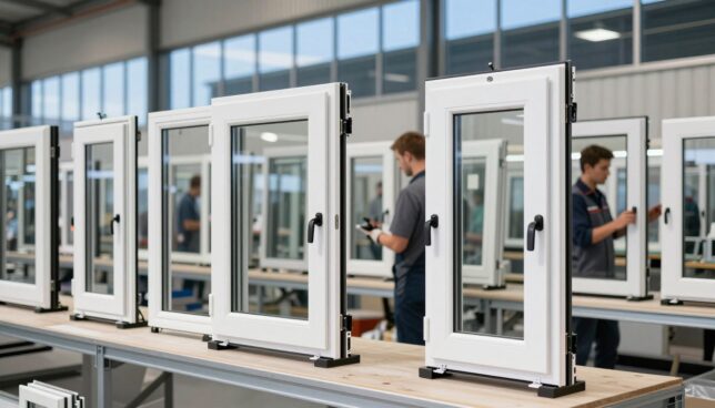 A modern factory showcasing a variety of high-quality Kunststofffenster in Germany. In the foreground, display sleek, white plastic windows with energy-efficient glass and modern hardware, emphasized by soft, even lighting that highlights their features. The middle ground features workers in professional attire inspecting the windows, demonstrating craftsmanship and quality control. In the background, a contemporary industrial building with large windows reflects a clear blue sky, symbolizing innovation and durability. Capture the atmosphere of productivity and commitment to excellence, with a slight depth of field effect to focus on the windows while softly blurring the distant elements, creating an inviting and professional environment.