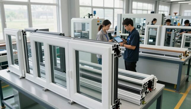 A modern, innovative manufacturing facility specializing in plastic windows. In the foreground, display cutting-edge polymer technologies: large, sleek plastic window frames showcasing advanced insulation and design features. In the middle ground, workers in professional attire collaborate around state-of-the-art machinery, inspecting materials and using digital tablets for quality control. The background features large windows with natural light streaming in, highlighting the clean, organized workspace. Use soft, natural lighting to create an inviting atmosphere. Capture the scene from a slightly elevated angle to emphasize the innovation and teamwork, ensuring a focus on sustainability and advanced engineering in the plastic window industry, with a bright and optimistic mood.
