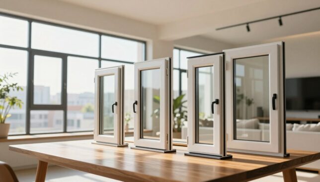 A modern interior scene showcasing a variety of high-quality plastic windows, emphasizing their sleek design and energy efficiency. In the foreground, a selection of different window styles is displayed on a polished wooden table, including sliding and casement windows. The middle ground features a brightly lit room with natural sunlight streaming through large windows, highlighting the clarity and insulation properties of the glass. The background has a blurred view of an urban landscape outside, enhancing the feeling of spaciousness and contemporary living. Soft, warm lighting creates an inviting atmosphere, while the camera angle is slightly elevated, capturing the full beauty of the windows and the surrounding space. The image evokes a sense of modernity and practicality, appealing to homeowners interested in upgrading their living spaces.