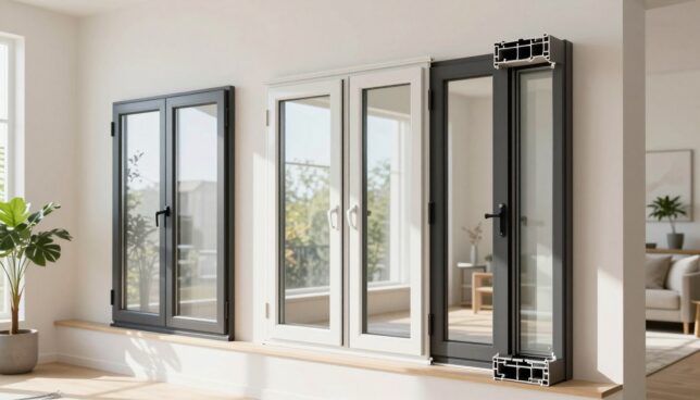 A modern interior showcasing a variety of stylish, contemporary plastic windows displayed against a bright, well-lit wall. In the foreground, a selection of windows in different styles and sizes is neatly arranged, highlighting their sleek designs and energy-efficient features. The middle ground includes soft natural light streaming through an open window, casting gentle shadows that enhance the textures of the window frames. In the background, a minimalistic home setting is visible, with potted plants and neutral-colored decor, creating a warm and inviting atmosphere. Capture this scene from a slightly elevated angle, emphasizing the clarity and details of the windows. The mood is fresh and inspiring, perfect for showcasing current trends in plastic windows.